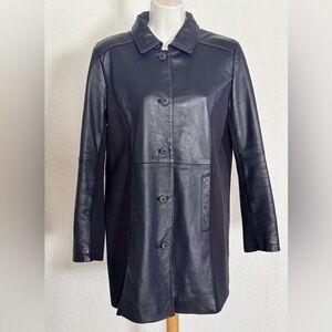 Linea by Louis Dell'Olio Navy Blue Lamb Leather Jacket with side knit panels.